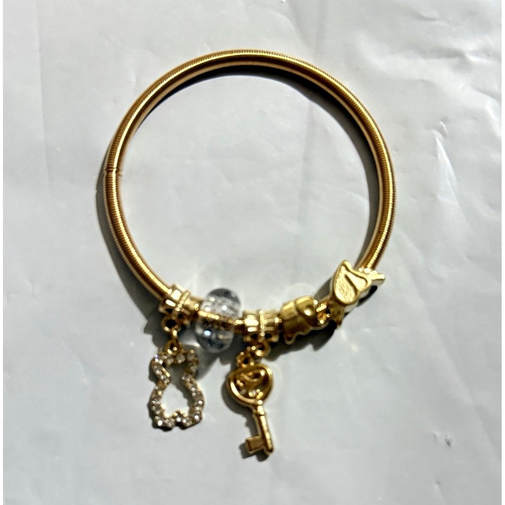 Gold Tone Charm Bangle Bracelet Key Dangle Charm White Round Crystal